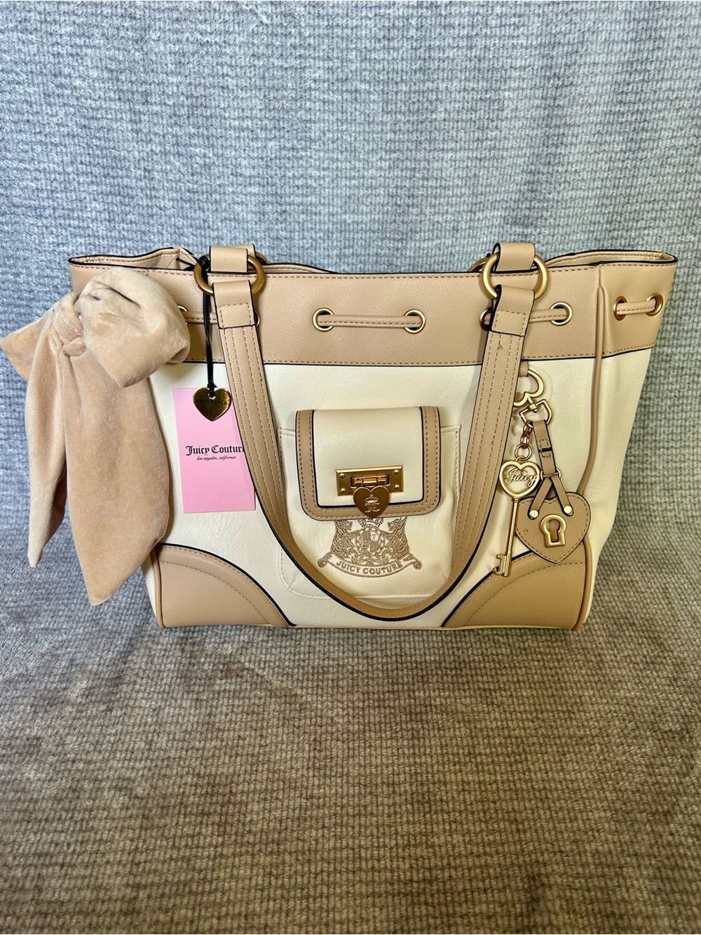 Juicy Couture Daydreamer Tote Royal to Juicy Y2K Purse Cream/Tan/Gold Velour Bow